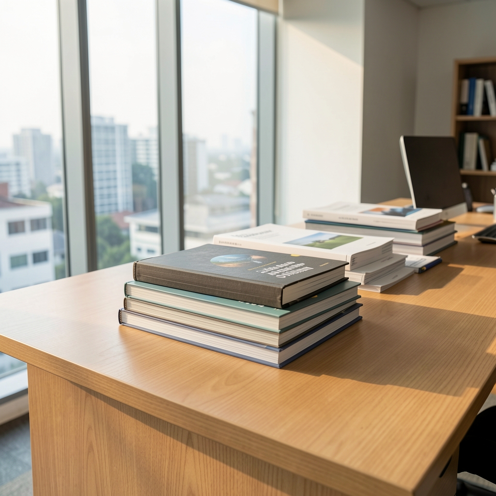 Editorial workspace in Jakarta office with stacked research notebooks and reference materials on a clean wooden desk, morning light through large windows