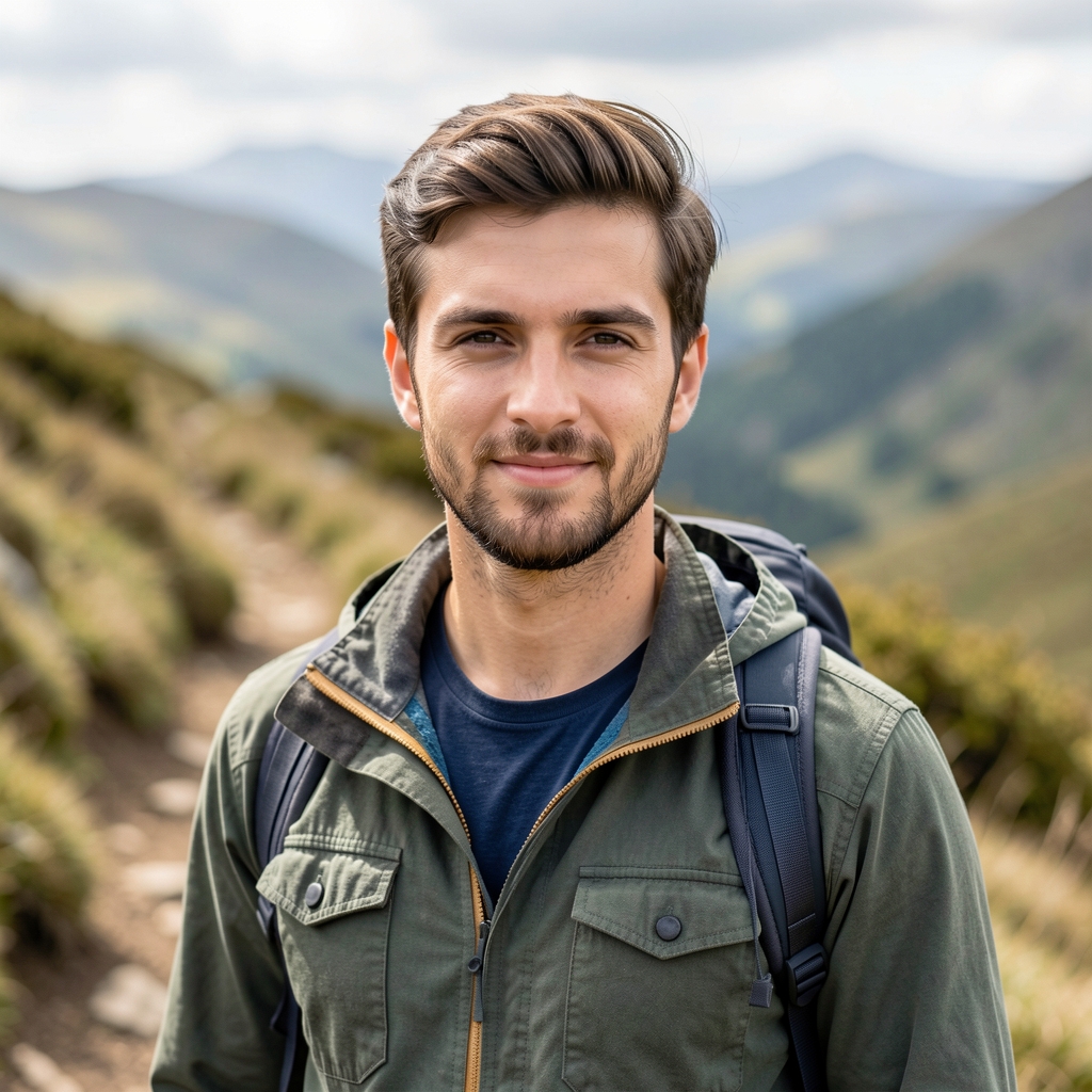 Editorial portrait of Rizky Aditama, active lifestyle editor, photographed outdoors on a highland trail in West Java with natural landscape in background