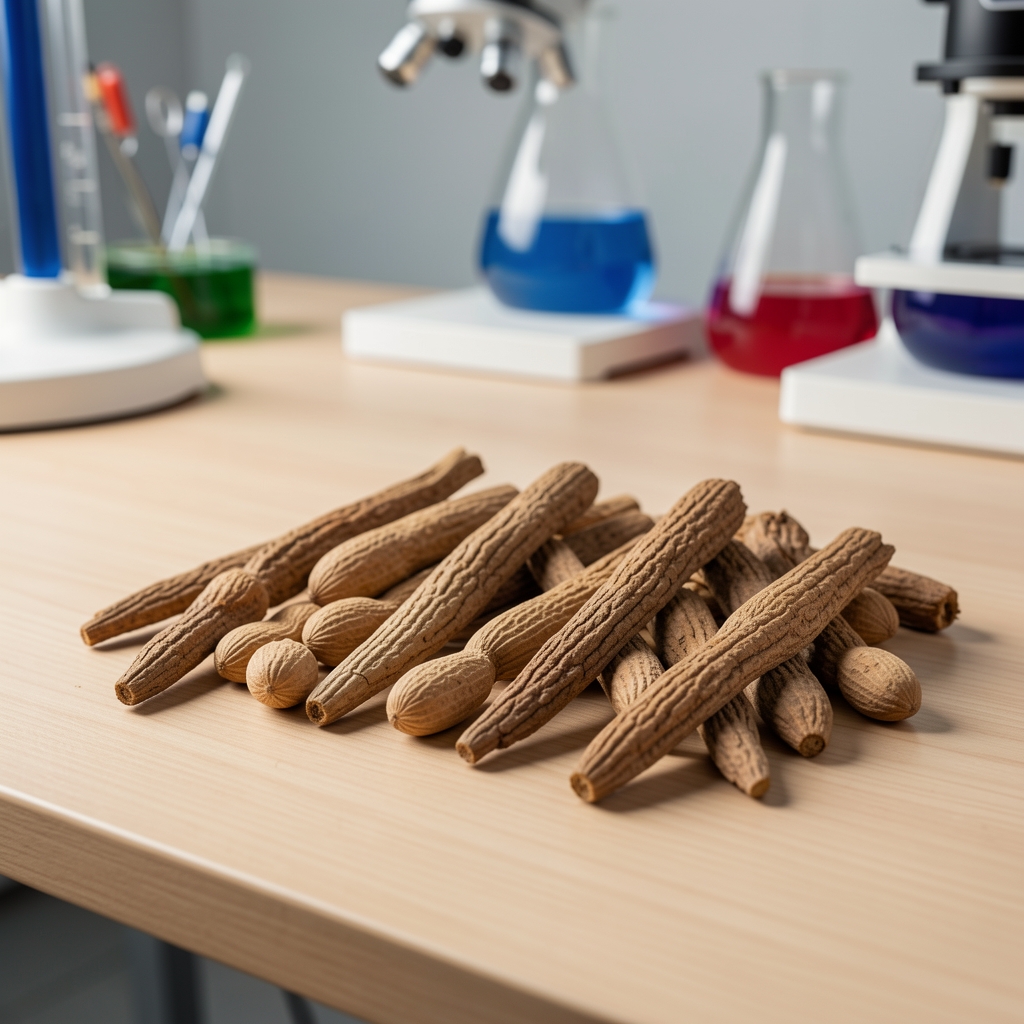 Dried adaptogenic plant roots including ashwagandha and rhodiola arranged on a clean wooden laboratory worktable under controlled studio lighting
