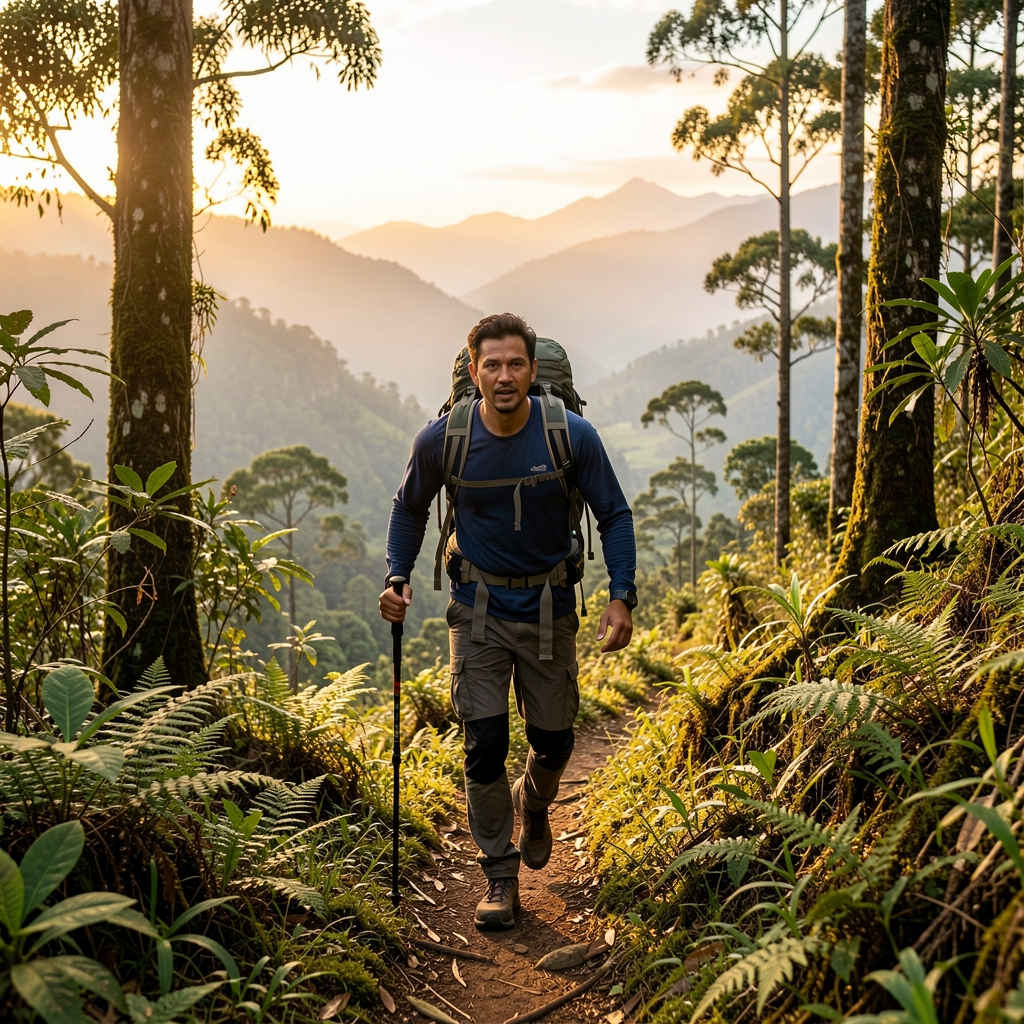 Active man on a forest mountain trail at dawn in outdoor hiking gear, Indonesian highland landscape in the background