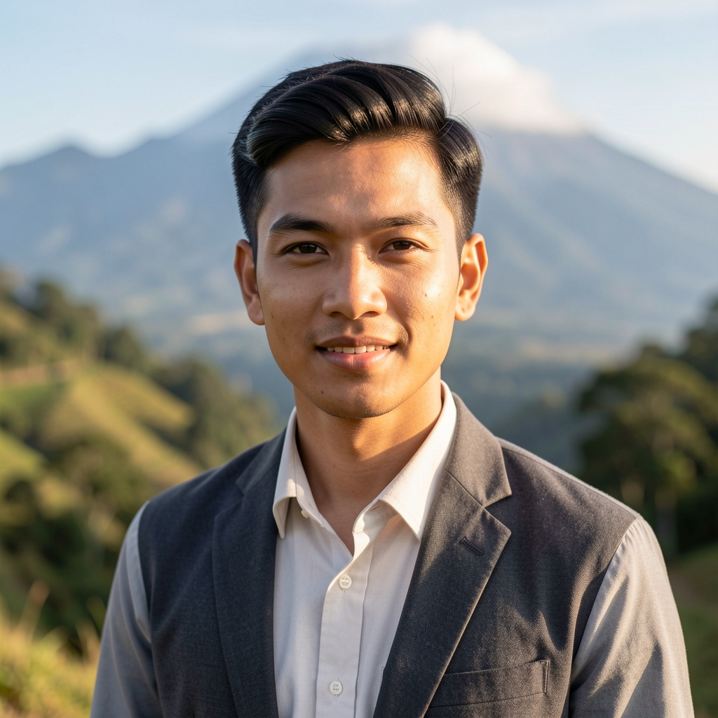 Portrait of Rizky Aditama, active lifestyle editor at Droma Dispatch, photographed outdoors in natural light with Indonesian highland scenery